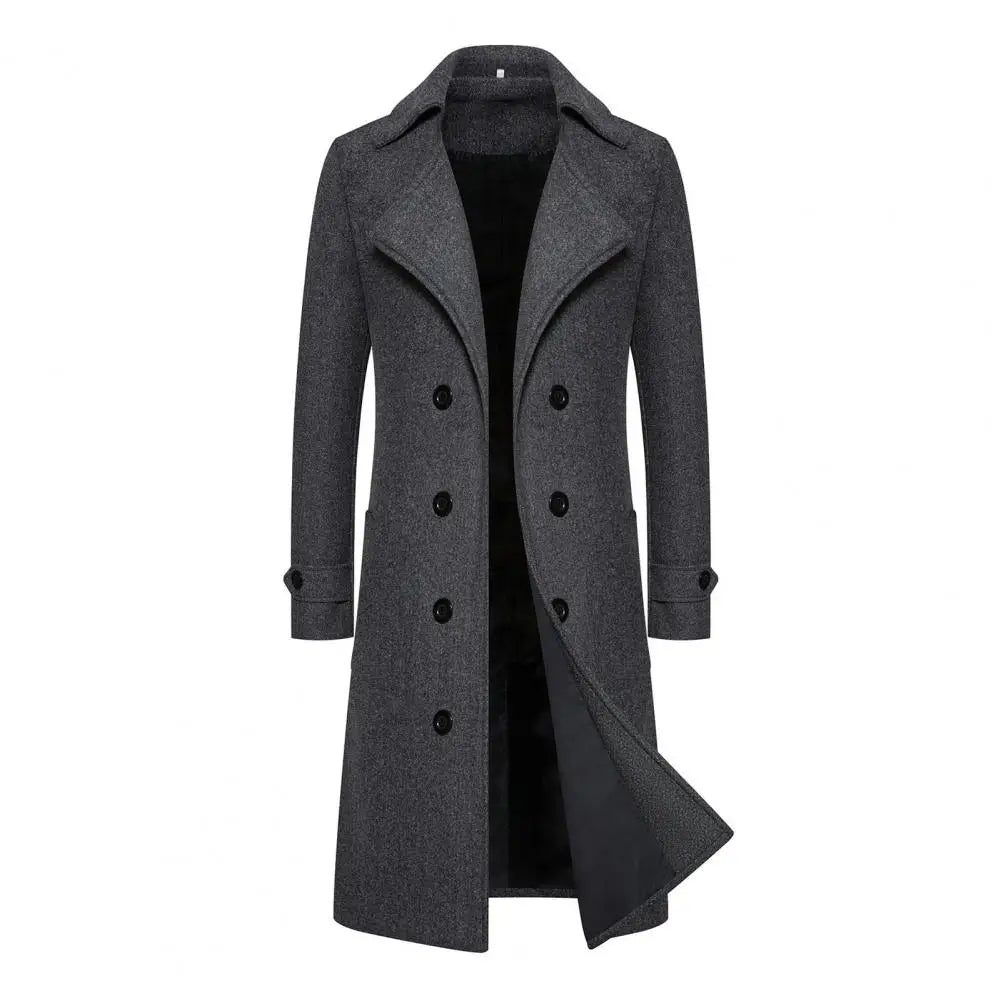 Double-breasted Coat Double-breasted Men's Overcoat Slim Fit Mid Length Long Sleeve Thick Windproof Warm Solid Color Cardigan