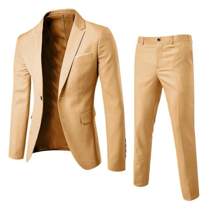 2Pcs/Set Men Slim Fit Suit Set Lapel Long Sleeve Single Button Suit Coat Mid-rise Long Pants Set Solid Color Business Outfit