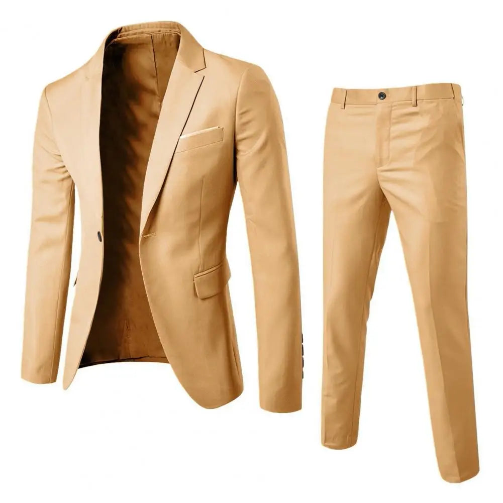 2Pcs/Set Men Slim Fit Suit Set Lapel Long Sleeve Single Button Suit Coat Mid-rise Long Pants Set Solid Color Business Outfit