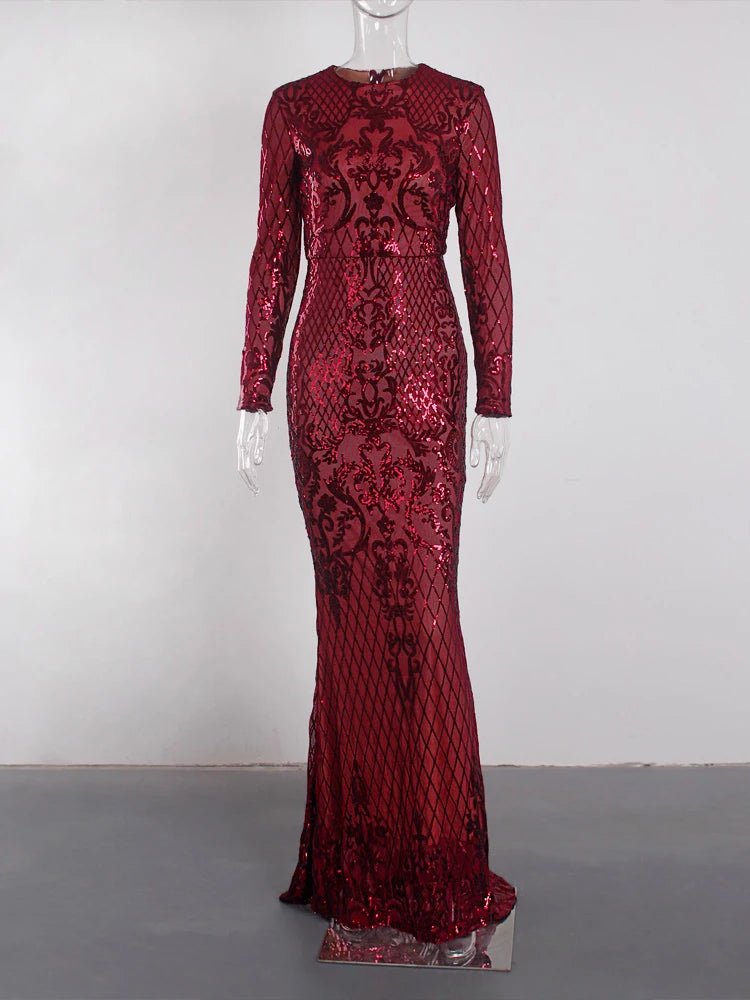 Long Sleeve Stretch Sequin Party Dress O Neck Full Lining Floor Length Evening Night Gown Emerald