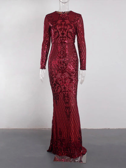 Long Sleeve Stretch Sequin Party Dress O Neck Full Lining Floor Length Evening Night Gown Emerald