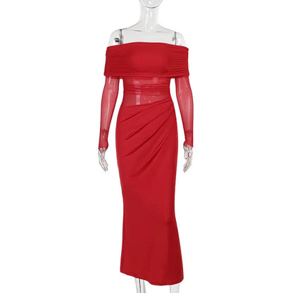 Mozision Off-shoulder Mesh See Through Sexy Maxi Dress For Women Elegant Strapless Long Sleeve Backless Bodycon Club Party Dress