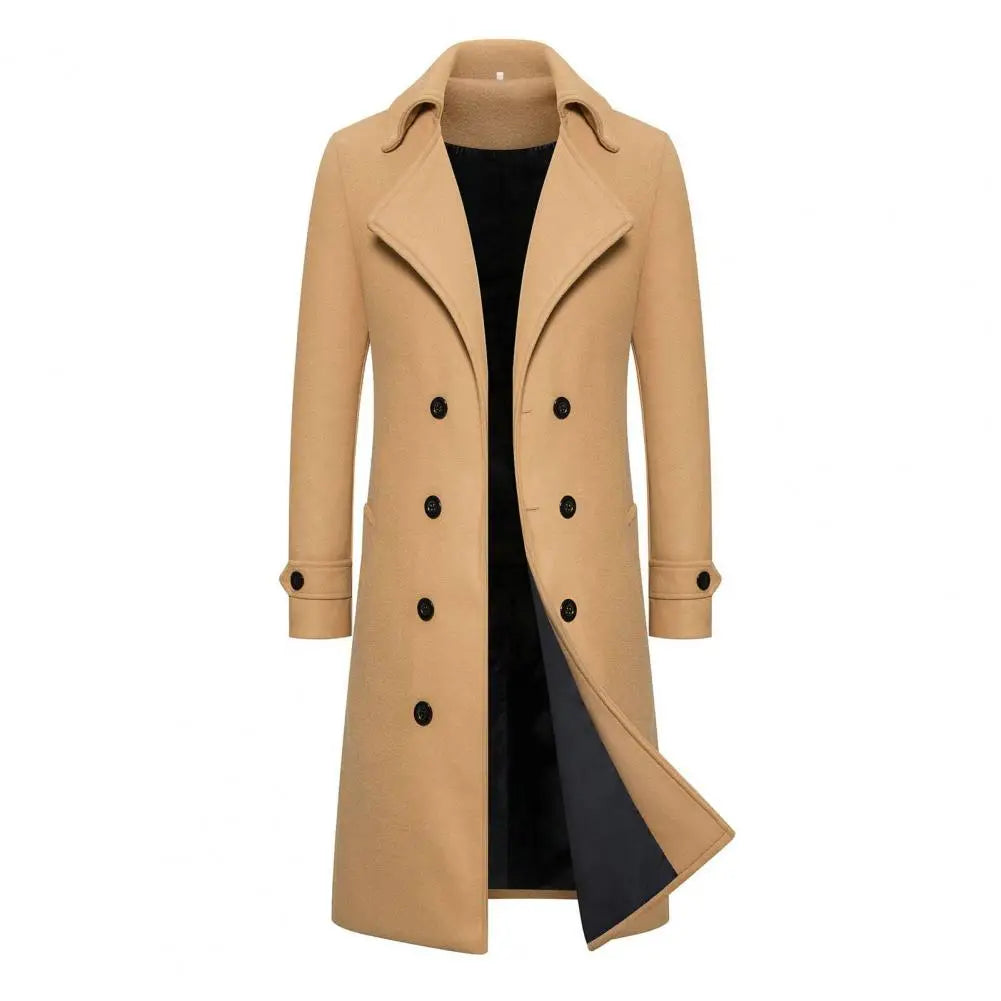 Double-breasted Coat Double-breasted Men's Overcoat Slim Fit Mid Length Long Sleeve Thick Windproof Warm Solid Color Cardigan
