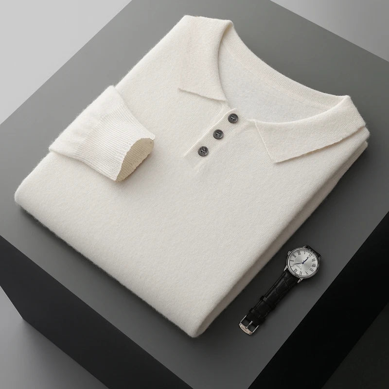 Luxury Men Cashmere Sweater 100% Merino Wool Buttoned Pullover Autumn Winter Polo Collar Knitwear Male Casual Warm Jumper Tops
