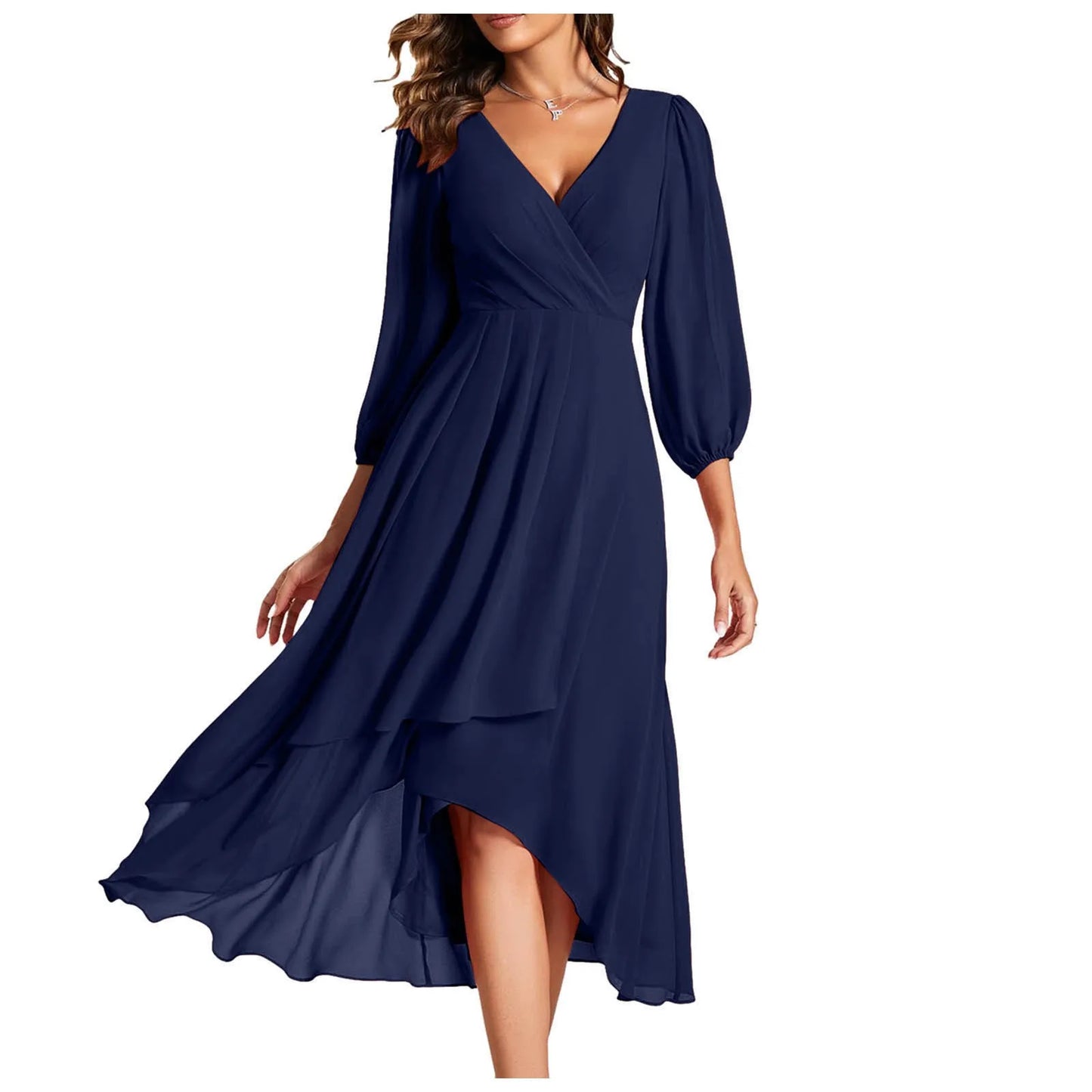 Elegant Evening Dress Long Sleeves Pleated Ruffles Knee-Length 2024 Ever Pretty Of Chiffon Navy Blue Wedding Guest Dresses