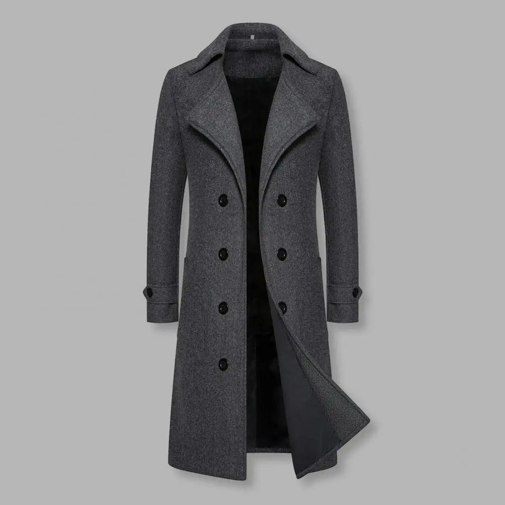 Double-breasted Coat Double-breasted Men's Overcoat Slim Fit Mid Length Long Sleeve Thick Windproof Warm Solid Color Cardigan