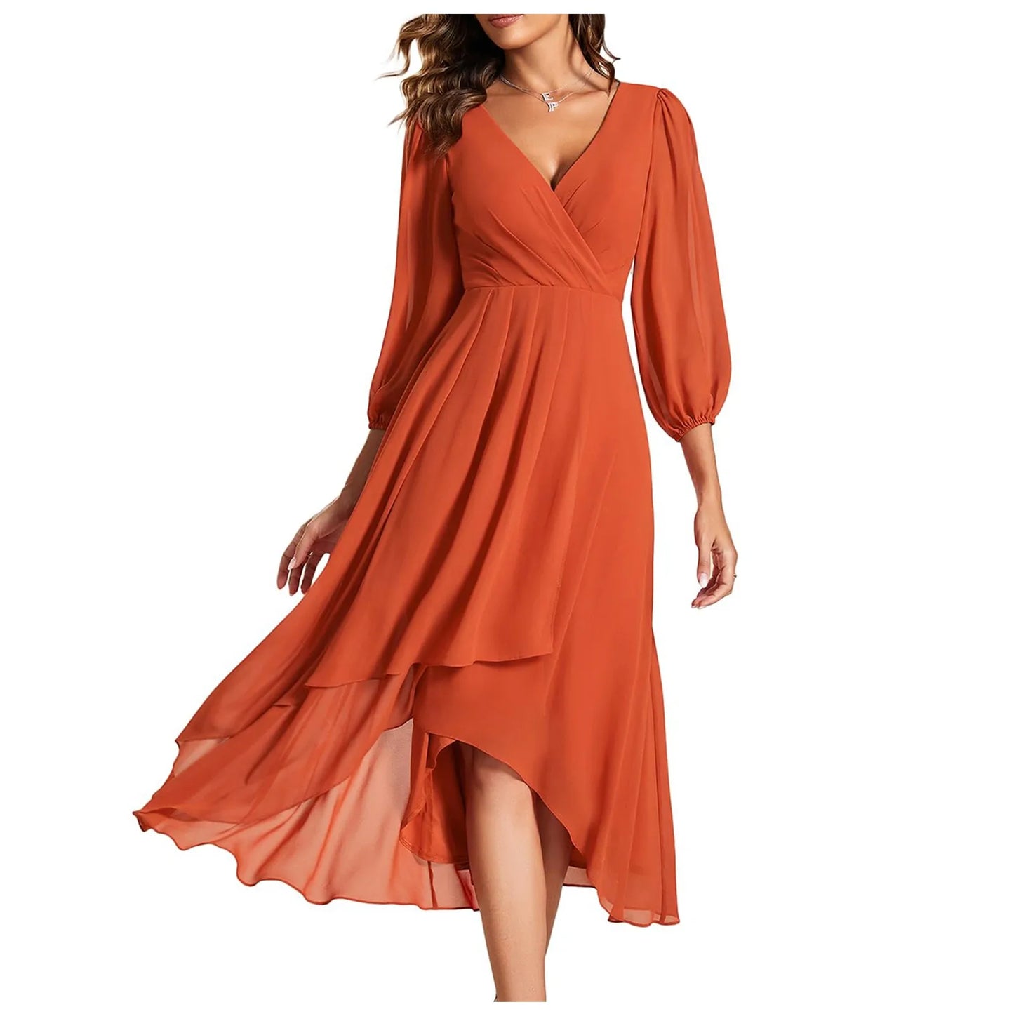 Elegant Evening Dress Long Sleeves Pleated Ruffles Knee-Length 2024 Ever Pretty Of Chiffon Navy Blue Wedding Guest Dresses