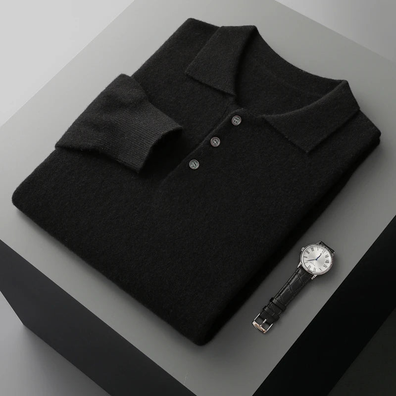 Luxury Men Cashmere Sweater 100% Merino Wool Buttoned Pullover Autumn Winter Polo Collar Knitwear Male Casual Warm Jumper Tops