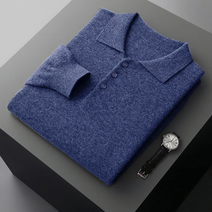 Luxury Men Cashmere Sweater 100% Merino Wool Buttoned Pullover Autumn Winter Polo Collar Knitwear Male Casual Warm Jumper Tops