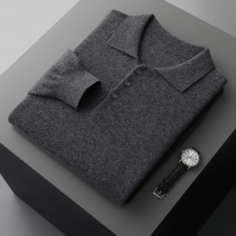 Luxury Men Cashmere Sweater 100% Merino Wool Buttoned Pullover Autumn Winter Polo Collar Knitwear Male Casual Warm Jumper Tops