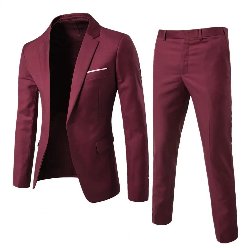 2Pcs/Set Men Slim Fit Suit Set Lapel Long Sleeve Single Button Suit Coat Mid-rise Long Pants Set Solid Color Business Outfit