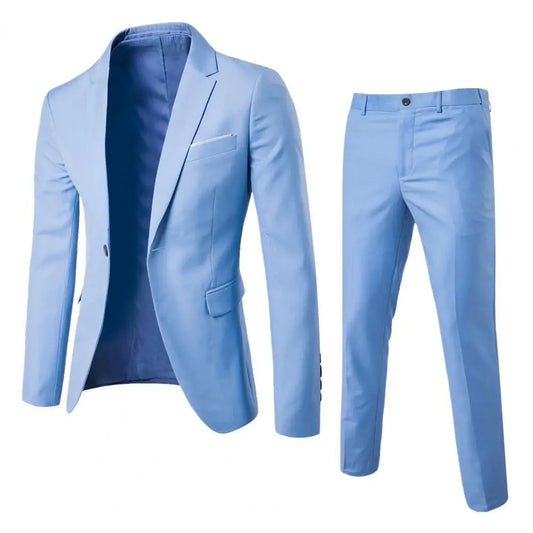 2Pcs/Set Men Slim Fit Suit Set Lapel Long Sleeve Single Button Suit Coat Mid-rise Long Pants Set Solid Color Business Outfit