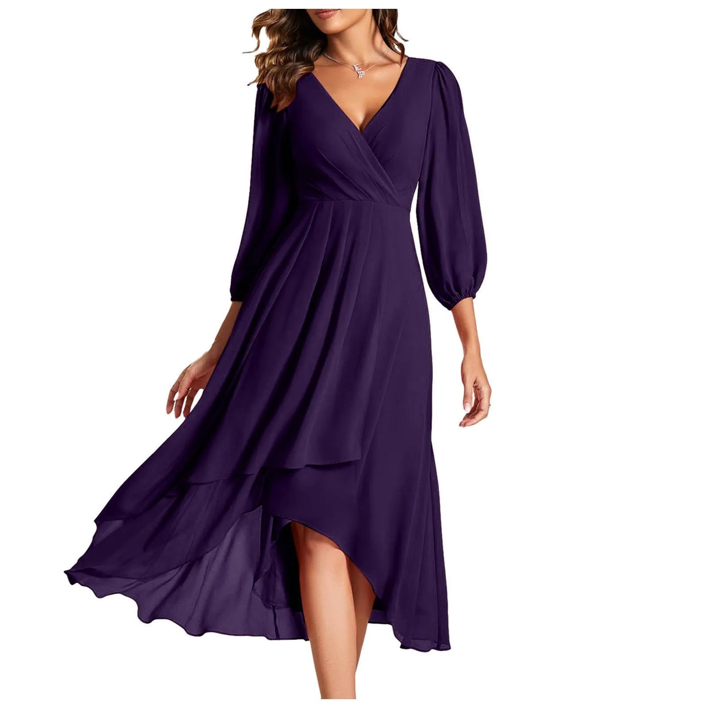 Elegant Evening Dress Long Sleeves Pleated Ruffles Knee-Length 2024 Ever Pretty Of Chiffon Navy Blue Wedding Guest Dresses