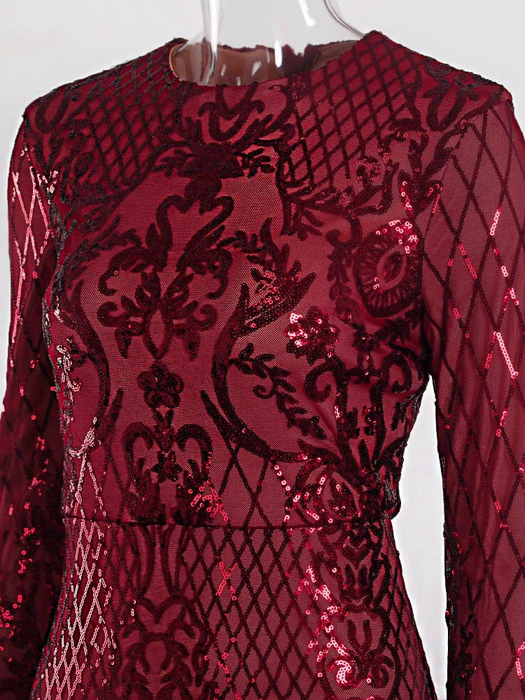 Long Sleeve Stretch Sequin Party Dress O Neck Full Lining Floor Length Evening Night Gown Emerald