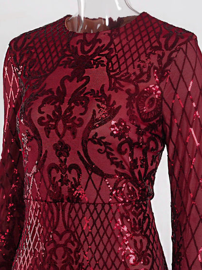 Long Sleeve Stretch Sequin Party Dress O Neck Full Lining Floor Length Evening Night Gown Emerald