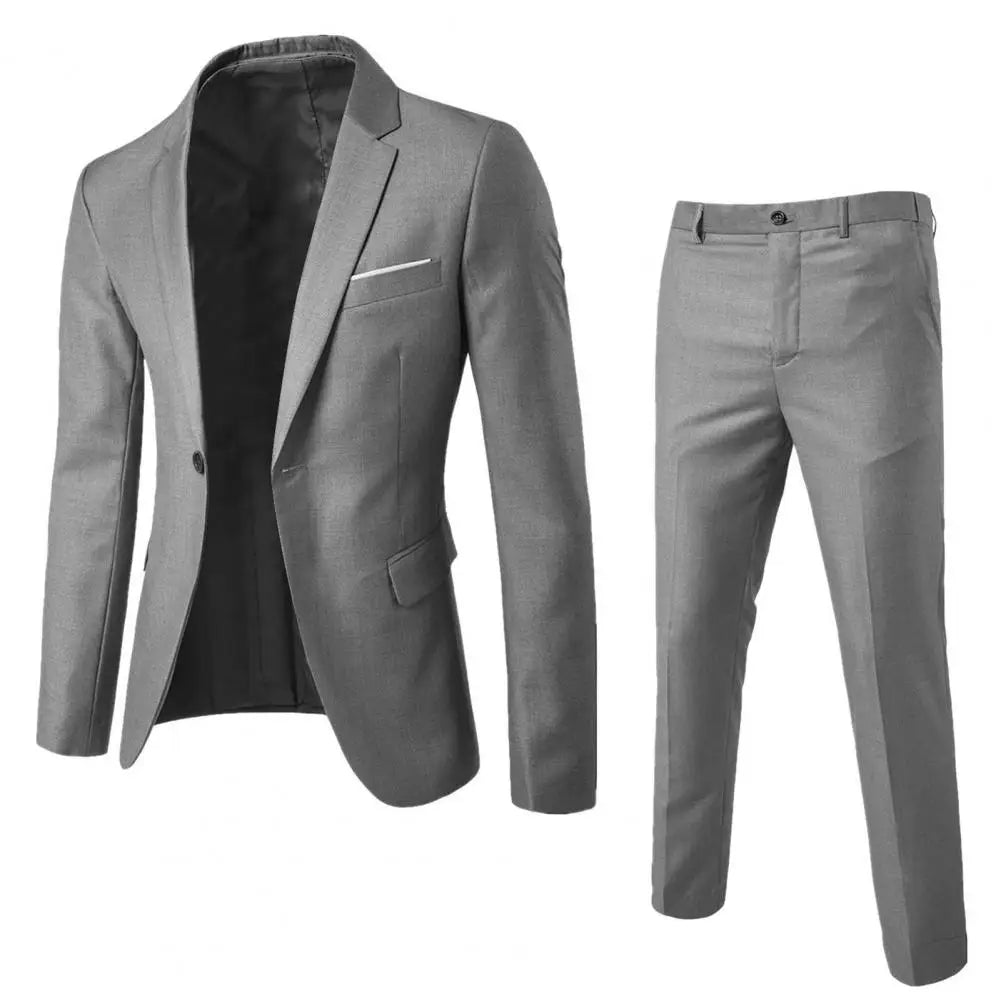 2Pcs/Set Men Slim Fit Suit Set Lapel Long Sleeve Single Button Suit Coat Mid-rise Long Pants Set Solid Color Business Outfit