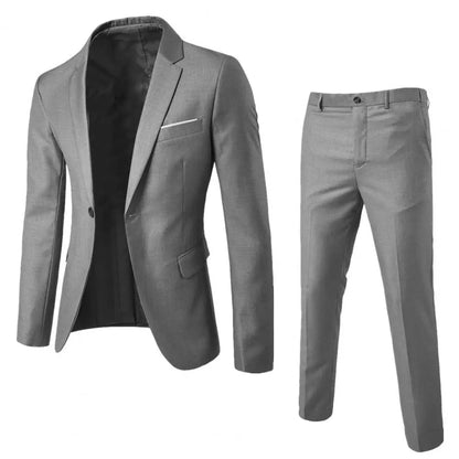 2Pcs/Set Men Slim Fit Suit Set Lapel Long Sleeve Single Button Suit Coat Mid-rise Long Pants Set Solid Color Business Outfit