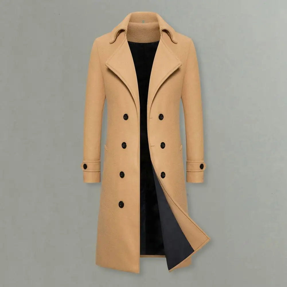 Double-breasted Coat Double-breasted Men's Overcoat Slim Fit Mid Length Long Sleeve Thick Windproof Warm Solid Color Cardigan