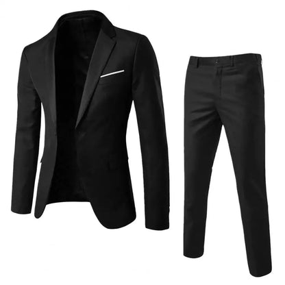 2Pcs/Set Men Slim Fit Suit Set Lapel Long Sleeve Single Button Suit Coat Mid-rise Long Pants Set Solid Color Business Outfit