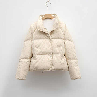 Petite White Duck Down Jacket Short Floral Women