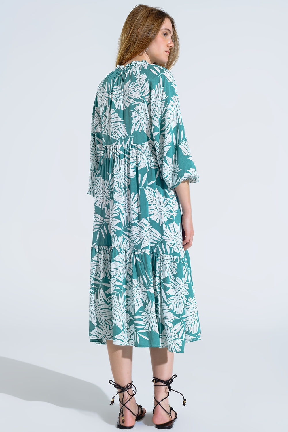 Boho Maxi Dress With Balloon Sleeves and Leaf Print in Green