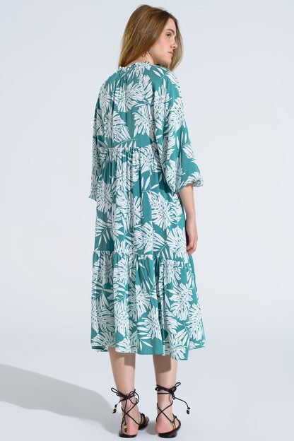 Boho Maxi Dress With Balloon Sleeves and Leaf Print in Green