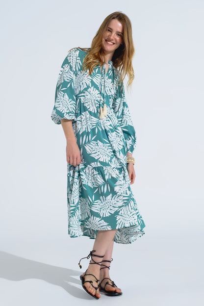 Boho Maxi Dress With Balloon Sleeves and Leaf Print in Green