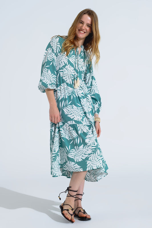Boho Maxi Dress With Balloon Sleeves and Leaf Print in Green