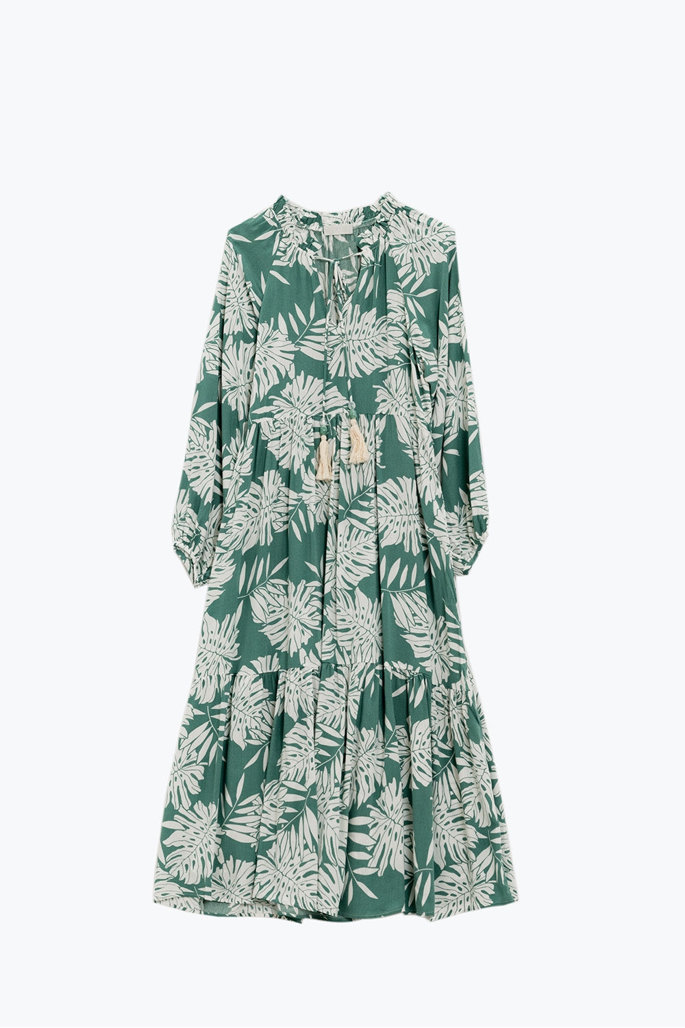 Boho Maxi Dress With Balloon Sleeves and Leaf Print in Green