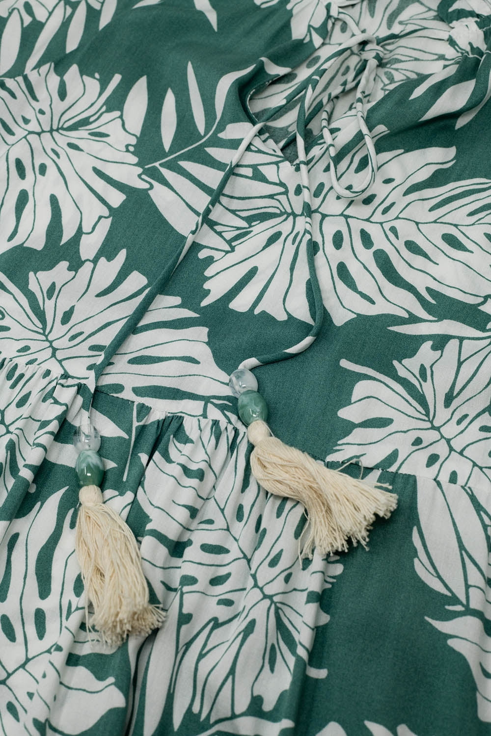 Boho Maxi Dress With Balloon Sleeves and Leaf Print in Green