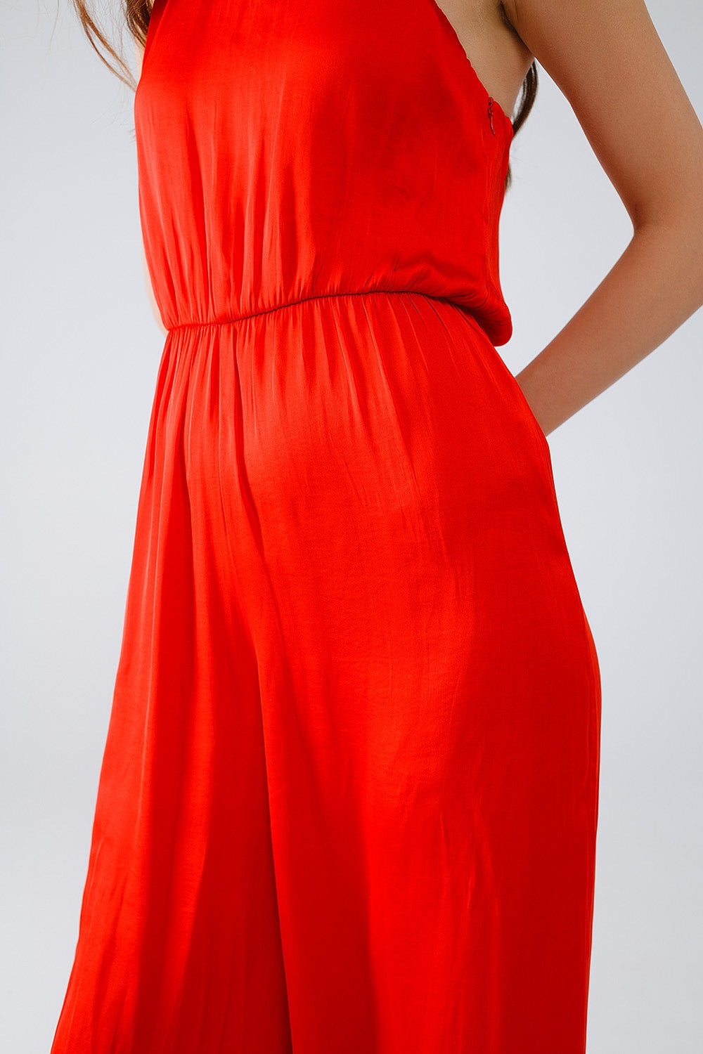 Drapped One Shoulder Jumpsuit With Cinched Waist in Red