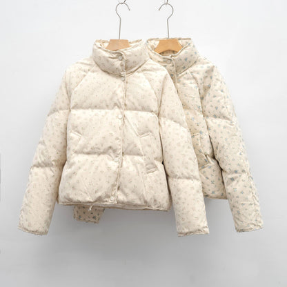Petite White Duck Down Jacket Short Floral Women