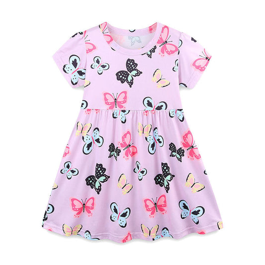 Summer Arrival Colorful Butterfly Pattern Short Sleeves Dress for Stylish Girls-0
