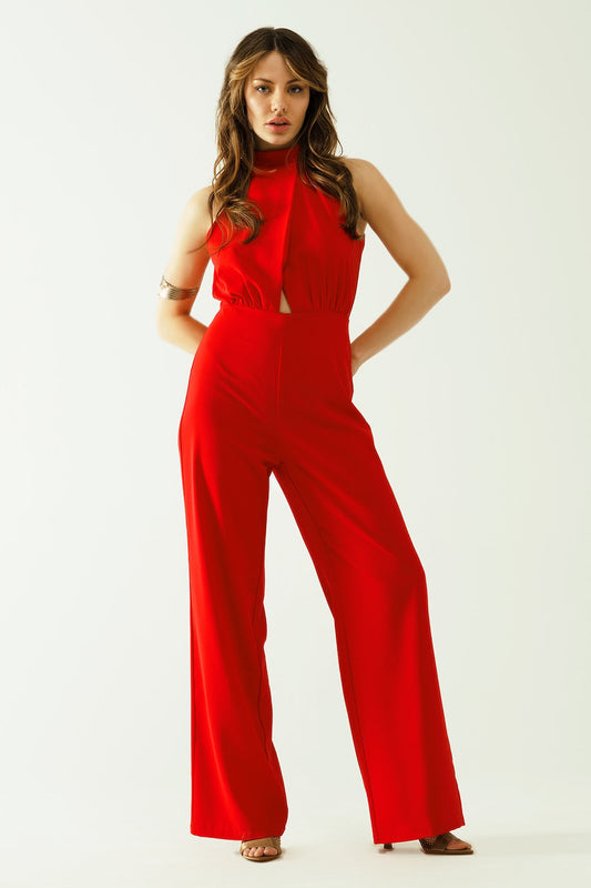Red Jumpuits With Top Crossed and High Collar