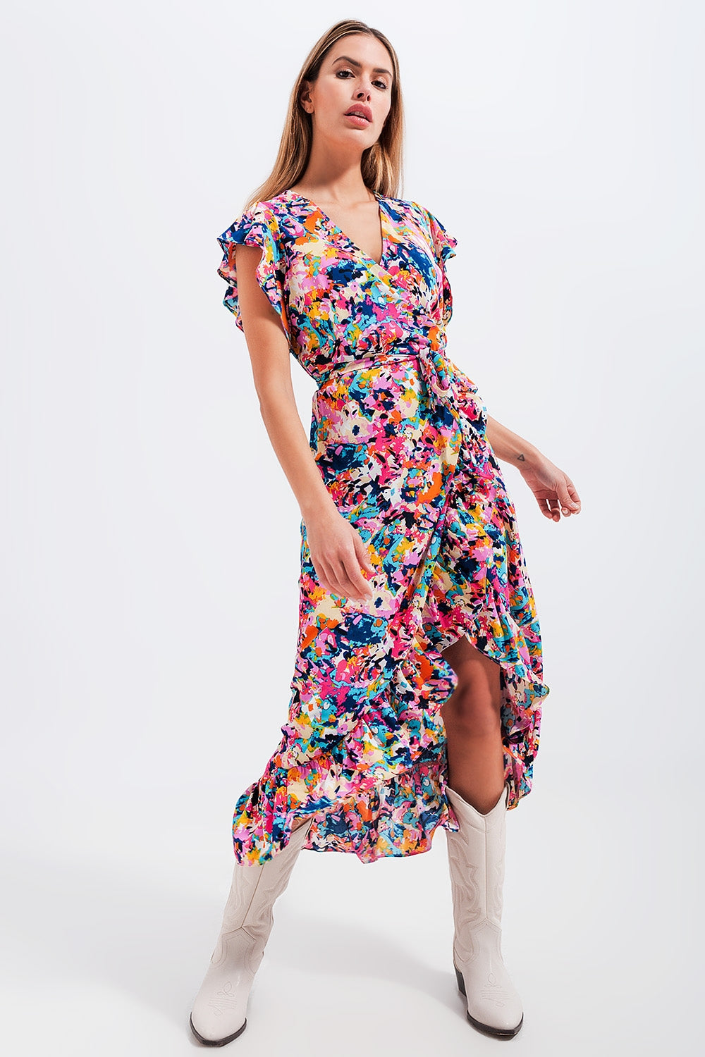 Ruffle Wrap Maxi Dress in Blue Floral