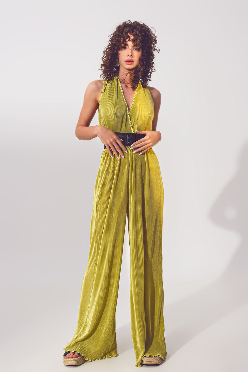 Green Satin Halter Neck Pleated Maxi Jumpsuit