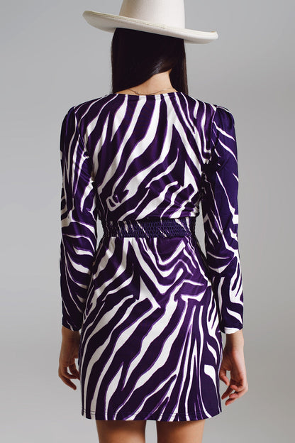 Wrapped Long Sleeve Dress With Belt in Cream and Purple Zebra Print
