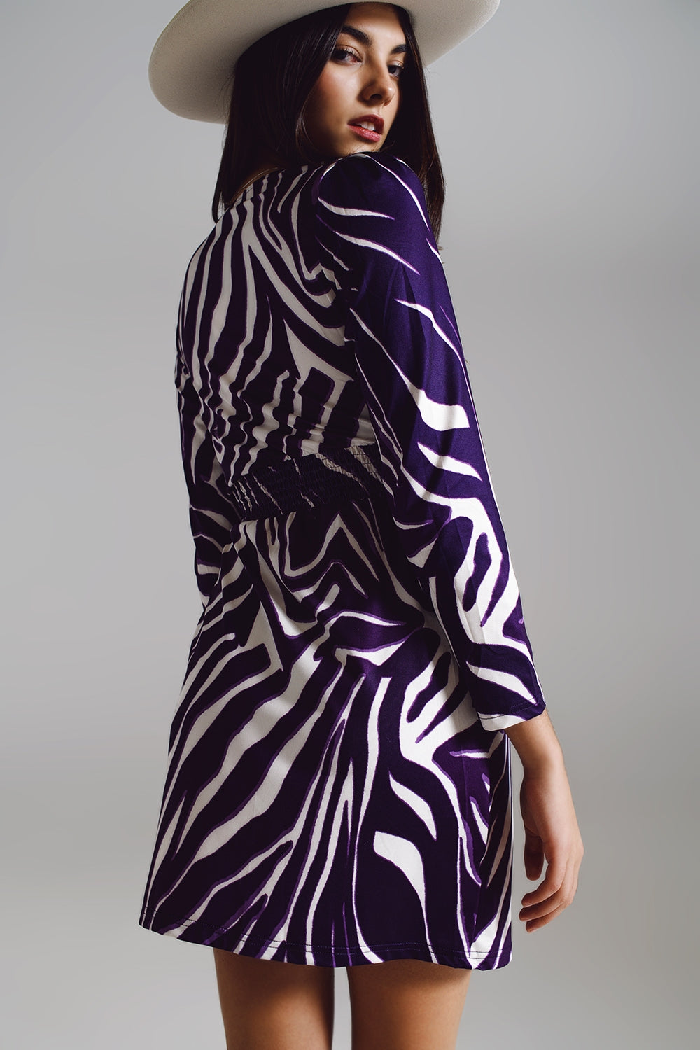 Wrapped Long Sleeve Dress With Belt in Cream and Purple Zebra Print