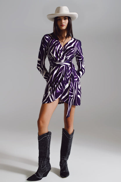 Wrapped Long Sleeve Dress With Belt in Cream and Purple Zebra Print